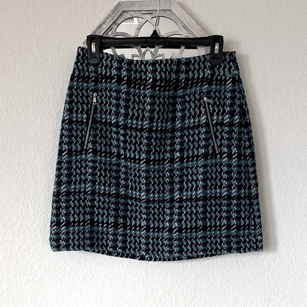 Loft • Teal Black Plaid Tweed Mini Skirt Zip Pockets Preppy Career Fall